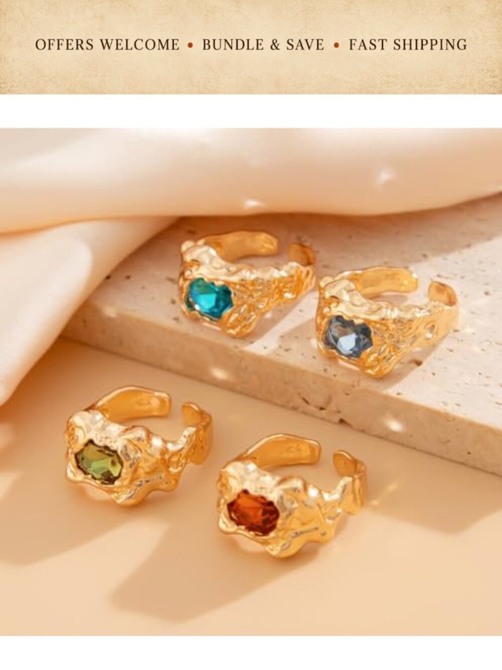Chunky Crystal Rhinestone Knuckle Rings Set Adjustable Statement Jewelry - Picture 5 of 5